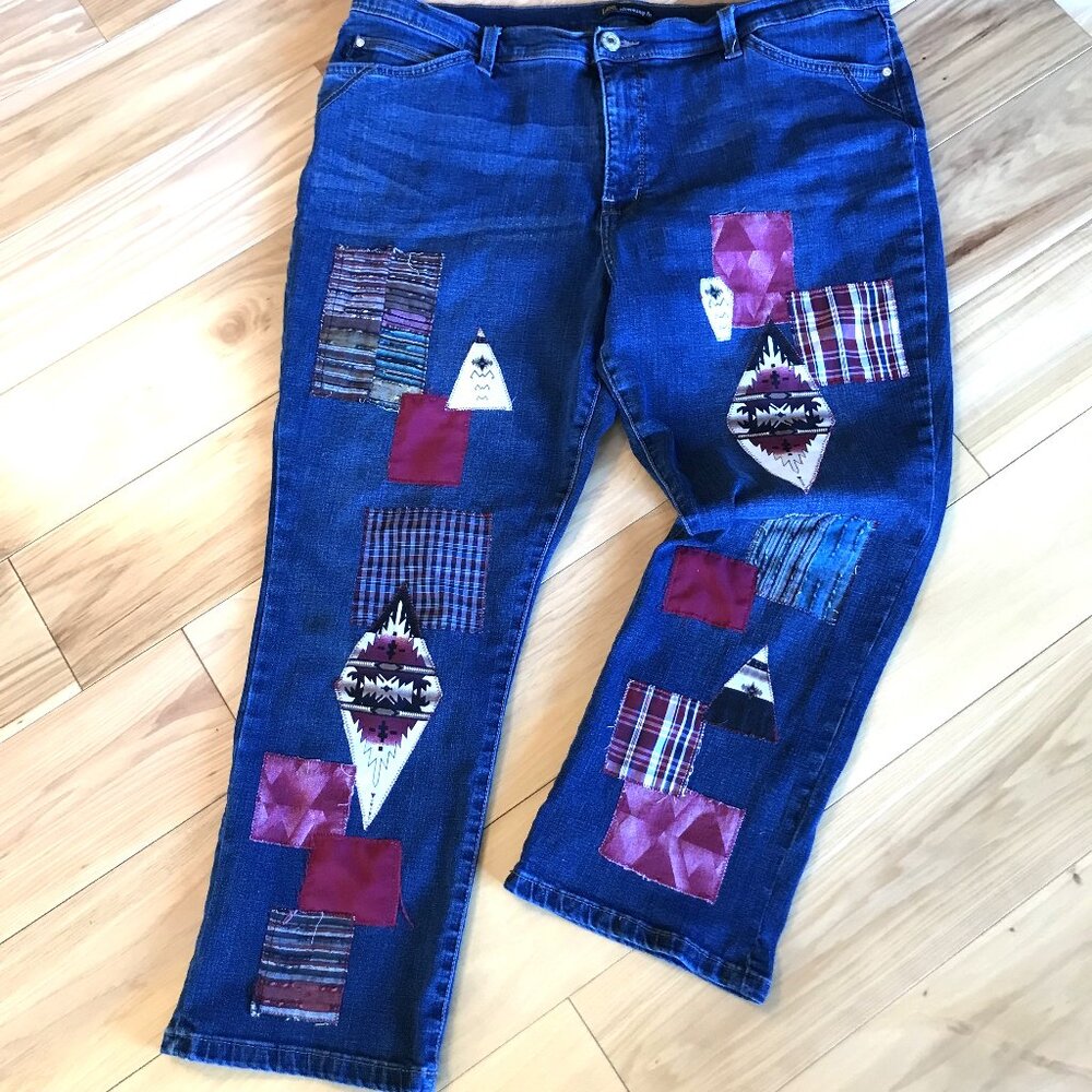 Upcycled Patchwork Jeans, Aztec Tribal Cropped Pants, Southwest Native, Size 18